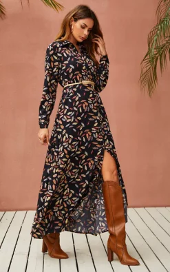 Leaf Print Black Maxi Shirt Dress With Tie Waist + Free Gold Stretch Leaf Belt