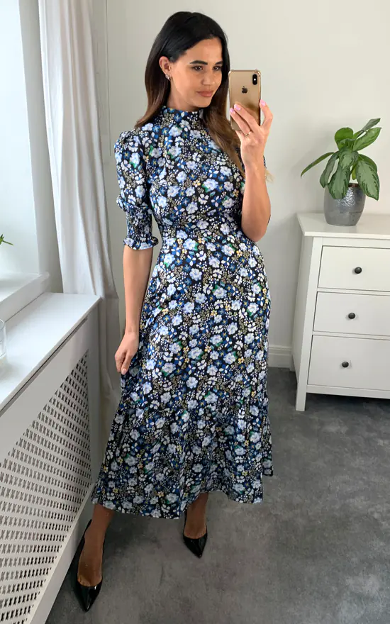 High Neck Floral Print With 3/4 Smock Sleeves Tiered Dress In Navy/Black 4 High Neck Floral Print With 3/4 Smock Sleeves Tiered Dress In Navy/Black - Image 2