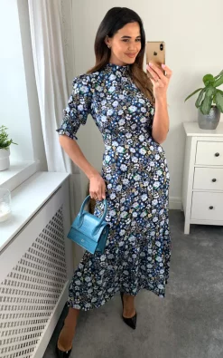 High Neck Floral Print With 3/4 Smock Sleeves Tiered Dress In Navy/Black