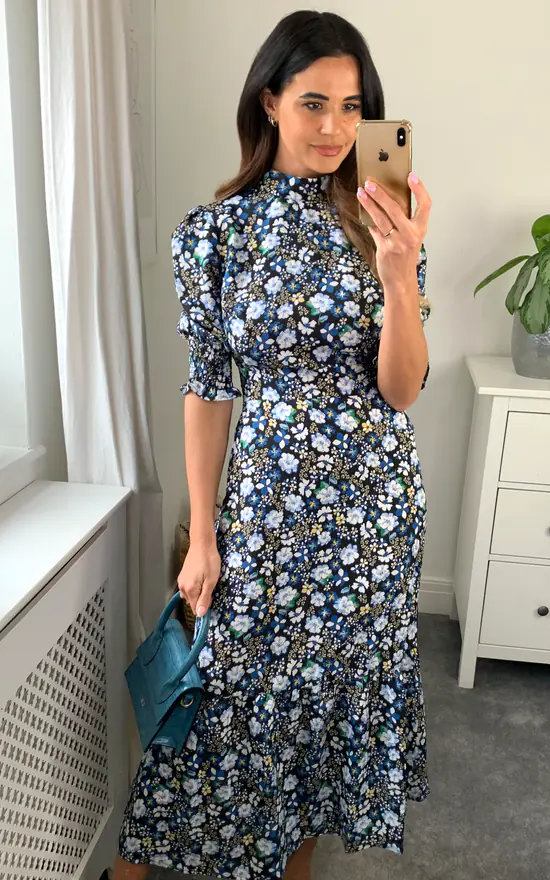 High Neck Floral Print With 3/4 Smock Sleeves Tiered Dress In Navy/Black 5 High Neck Floral Print With 3/4 Smock Sleeves Tiered Dress In Navy/Black - Image 3