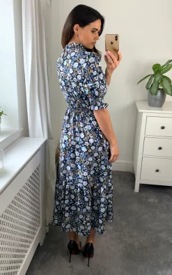 High Neck Floral Print With 3/4 Smock Sleeves Tiered Dress In Navy/Black 9 High Neck Floral Print With 3/4 Smock Sleeves Tiered Dress In Navy/Black -UK Skirt Sales 2023 d.anna naomi 29.04.228