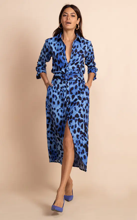 Alva Midi Shirt Dress In Bright Blue Leopard Recycled Materials 3 Alva Midi Shirt Dress In Bright Blue Leopard Recycled Materials