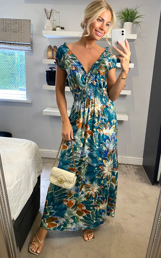 Multi Green Floral V Neck Cap Sleeve Maxi Dress 4 Multi Green Floral V Neck Cap Sleeve Maxi Dress - Image 2