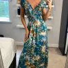 Multi Green Floral V Neck Cap Sleeve Maxi Dress