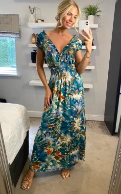 Multi Green Floral V Neck Cap Sleeve Maxi Dress