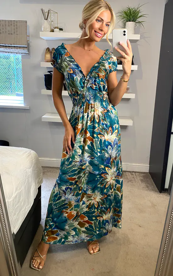 Multi Green Floral V Neck Cap Sleeve Maxi Dress 3 Multi Green Floral V Neck Cap Sleeve Maxi Dress