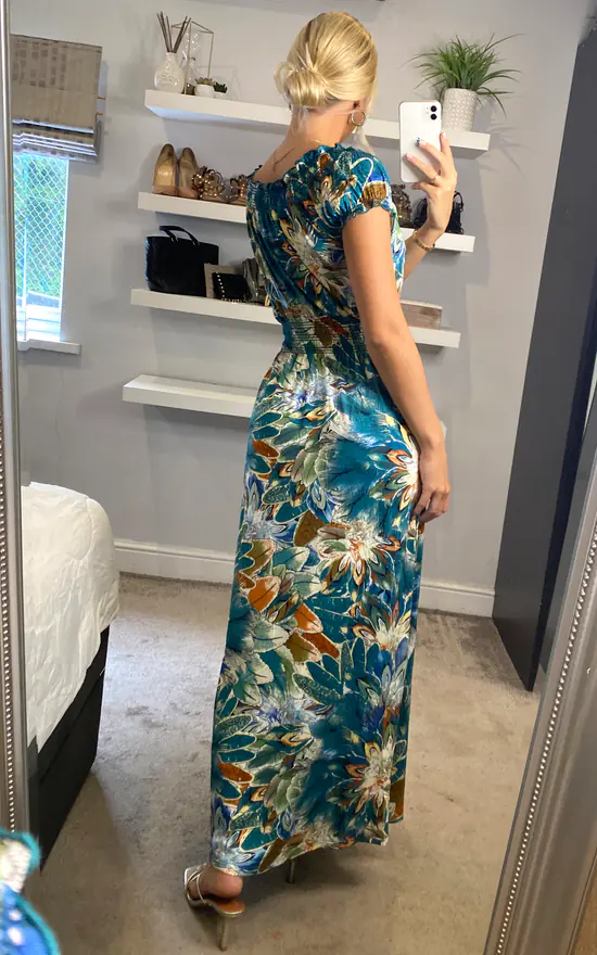 Multi Green Floral V Neck Cap Sleeve Maxi Dress 6 Multi Green Floral V Neck Cap Sleeve Maxi Dress - Image 4