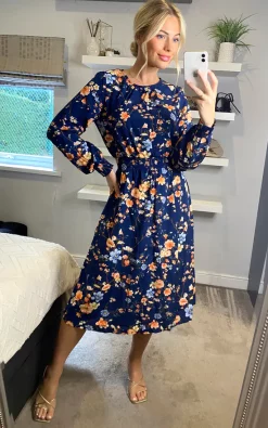 Multi Navy Floral Long Sleeve Tea Dress -UK Skirt Sales 2023 izabel sasha 22 09 202221