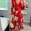 Jolie Moi Gianna Long Sleeve Mesh Midi Dress, Red Floral -UK Skirt Sales 2023 joliemoi sasha 20.04.2245 2