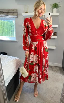 Jolie Moi Gianna Long Sleeve Mesh Midi Dress, Red Floral