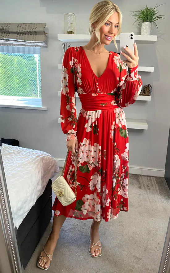 Jolie Moi Gianna Long Sleeve Mesh Midi Dress, Red Floral 3 Jolie Moi Gianna Long Sleeve Mesh Midi Dress, Red Floral