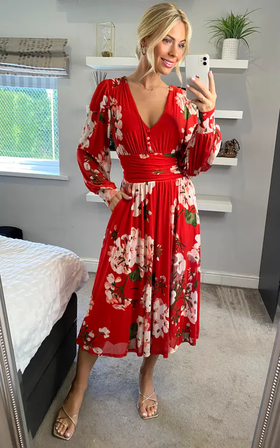 Jolie Moi Gianna Long Sleeve Mesh Midi Dress, Red Floral 5 Jolie Moi Gianna Long Sleeve Mesh Midi Dress, Red Floral - Image 3