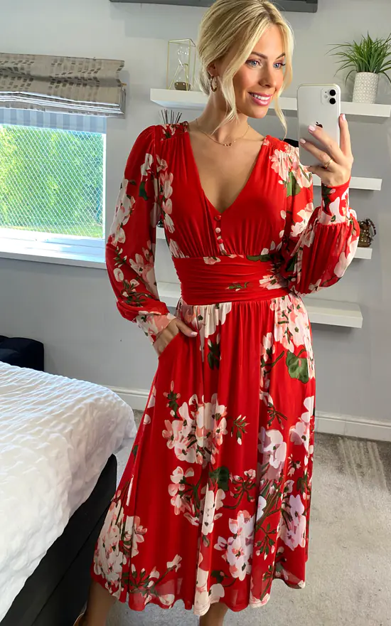 Jolie Moi Gianna Long Sleeve Mesh Midi Dress, Red Floral 4 Jolie Moi Gianna Long Sleeve Mesh Midi Dress, Red Floral - Image 2