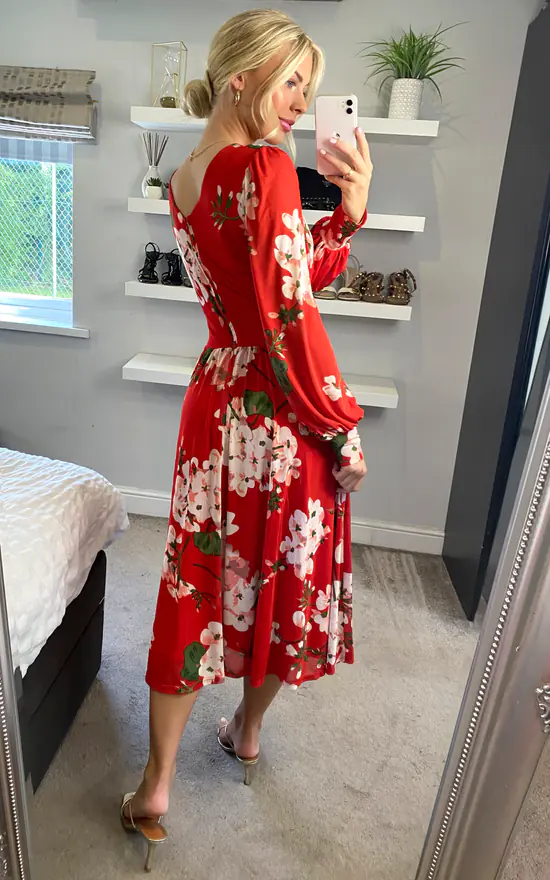 Jolie Moi Gianna Long Sleeve Mesh Midi Dress, Red Floral 6 Jolie Moi Gianna Long Sleeve Mesh Midi Dress, Red Floral - Image 4