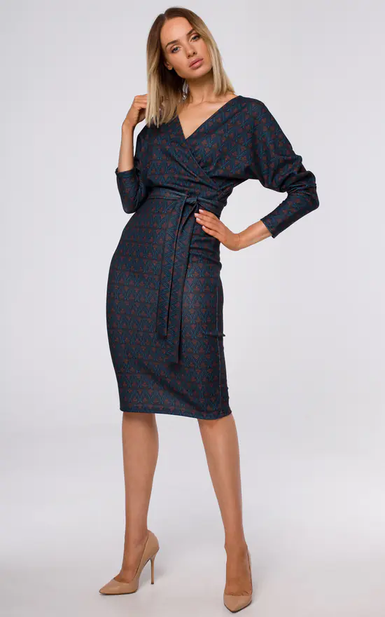 Wrap Midi Dress Tied At Waist In Navy Blue Print 3 Wrap Midi Dress Tied At Waist In Navy Blue Print