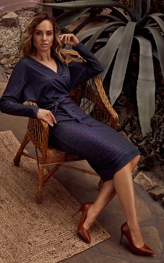 Wrap Midi Dress Tied At Waist In Navy Blue Print 6 Wrap Midi Dress Tied At Waist In Navy Blue Print - Image 4