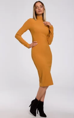 Fitted Turtleneck Knitted Dress In Yellow