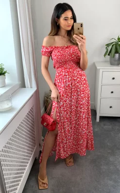 Apricot Red Floral Print Shirred Maxi Dress