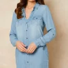 Long Sleeve Denim Shirt Dress In Light Blue